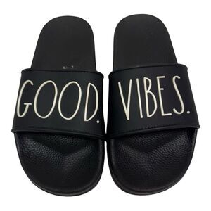 Rae Dunn Good Vibes Black Slide Sandals Casual Summer Pool Beach Slides